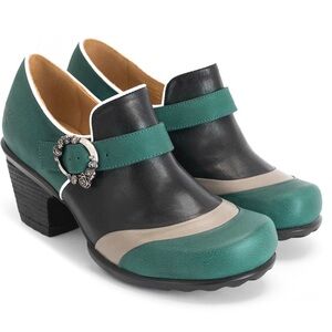 John Fluevog Hopefuls Faith Rose Buckled Black and Green Slip on Shoe, Size 8